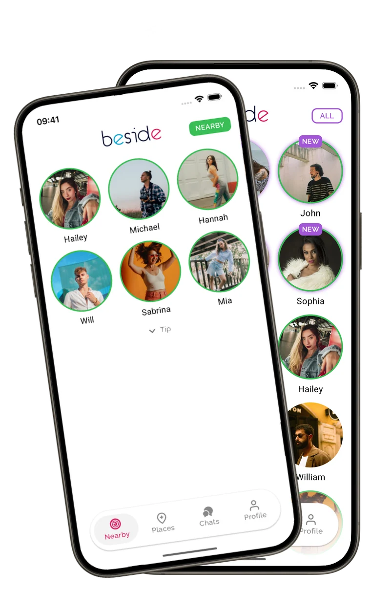 Two Beside screens showing encounter history and people nearby now
