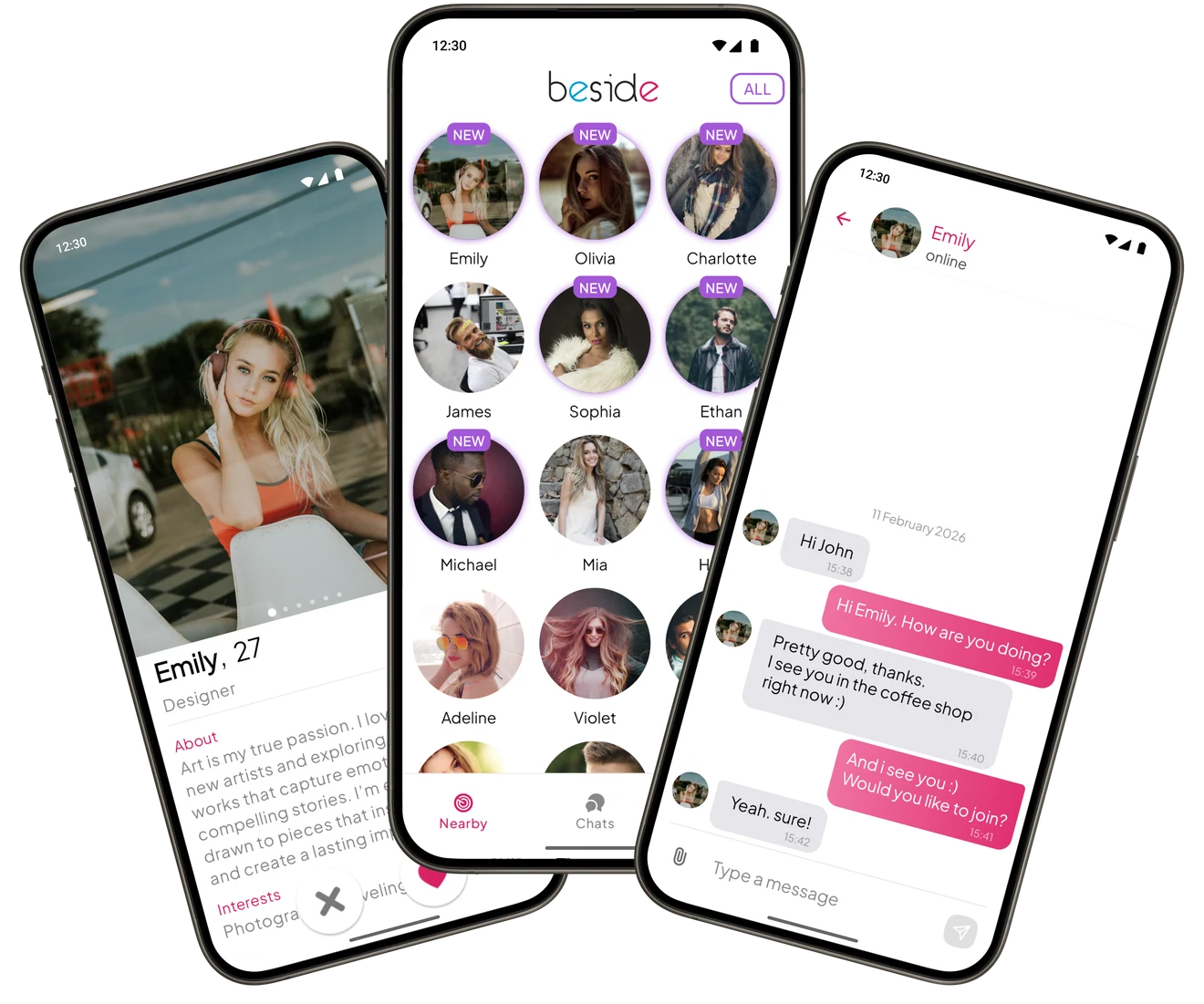 Beside’s discovery, profile and chat screens, shown on three phones