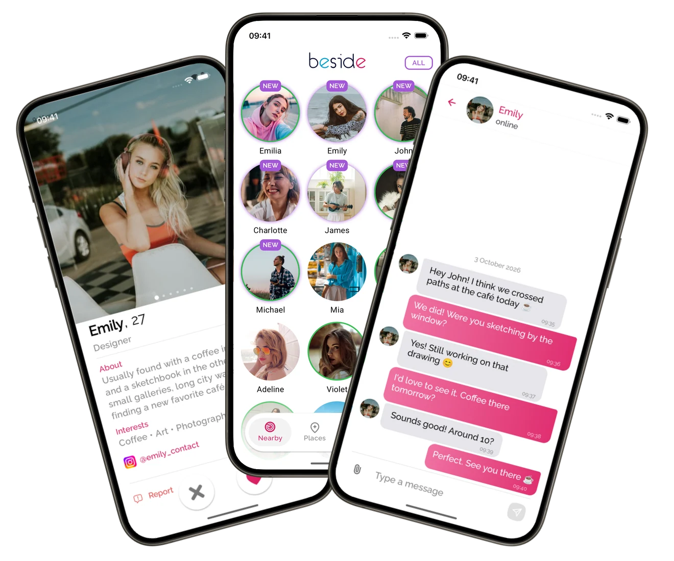 Beside’s discovery, profile and chat screens, shown on three phones